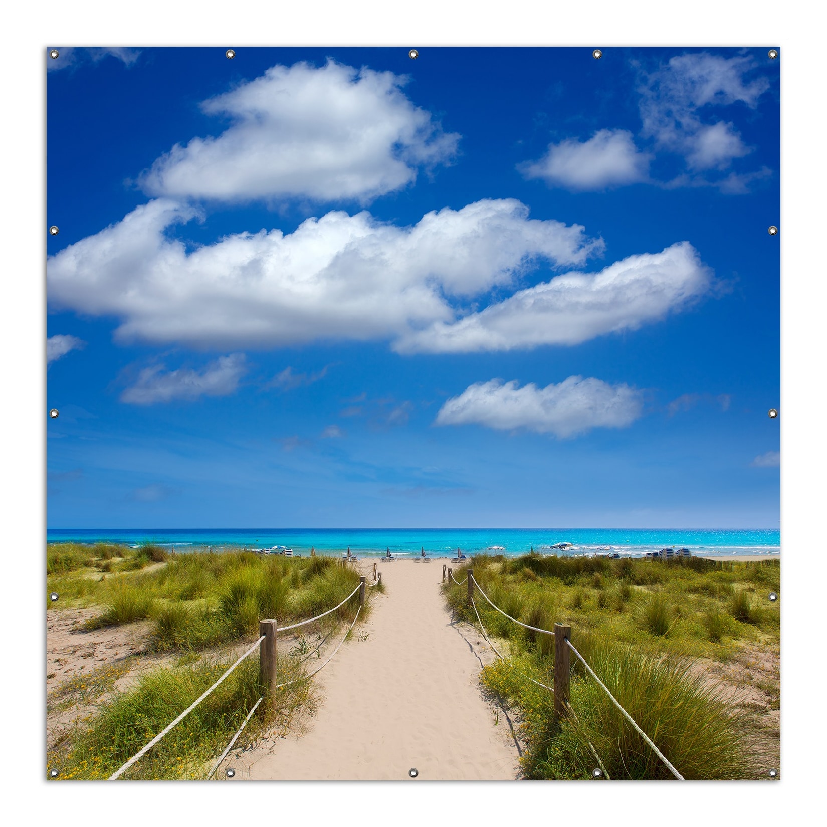 Wallario Gartenposter ca. 60 x 90 cm Sandweg zum blauen Meer mit blauem Himmel