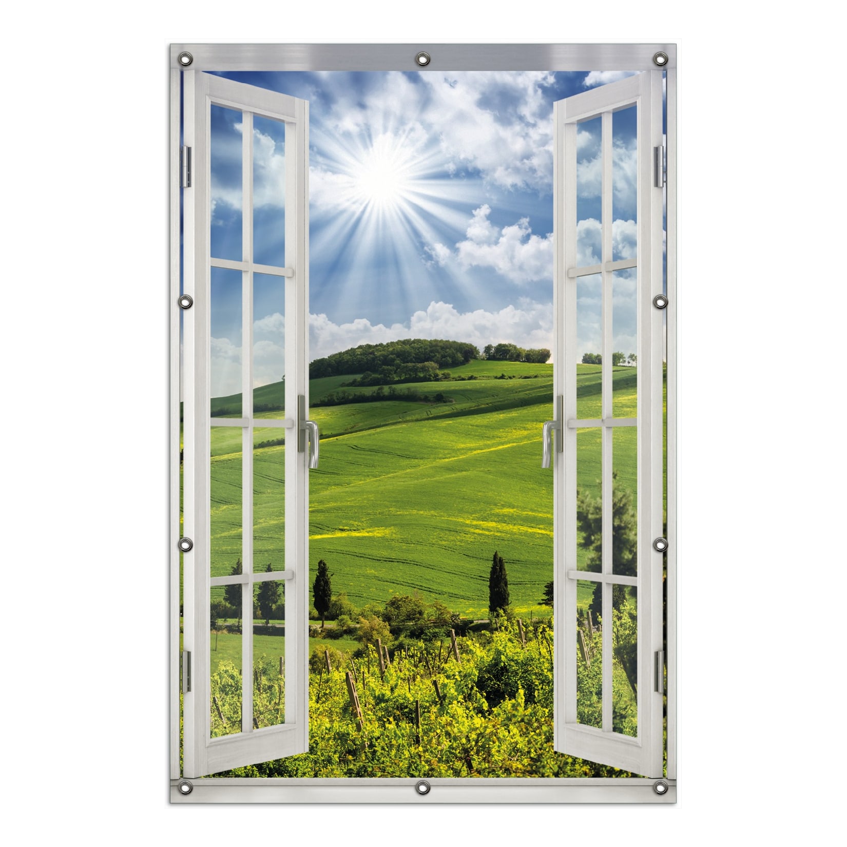 Wallario Gartenposter ca. 60 x 90 cm mit Fenster-Illusion Strahlender Sonnenschein