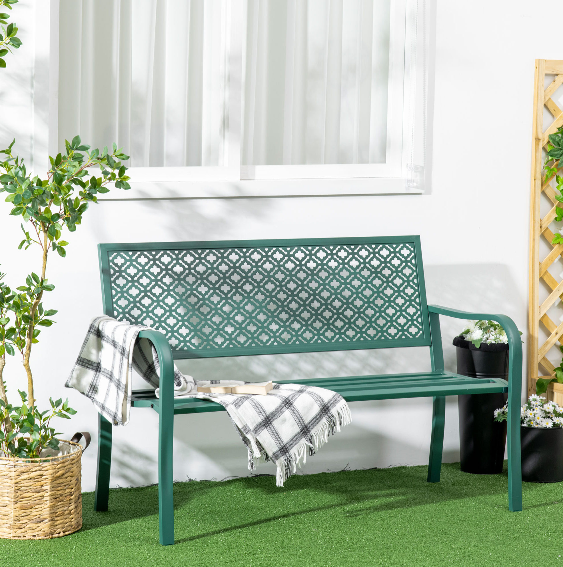 Gartenbank Aus Stahl Dunkelgrün 127x63x83 Cm, 2-sitzer Mit Rückenlehne Und Armlehnen, Wetterfest Und Stabil