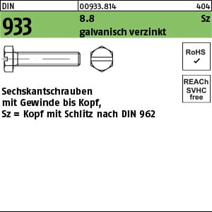 Sechskantschraube mit Gewinde bis Kopf DIN 933 Stahl 8.8 Schlitz galZn M 4x 12
