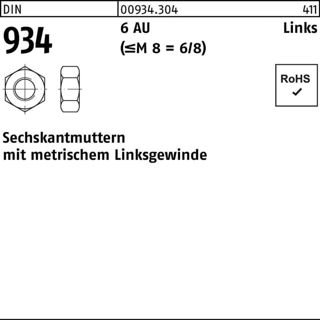 Sechskantmuttern, DIN 934 Stahl 6AU blank M 12 -LH