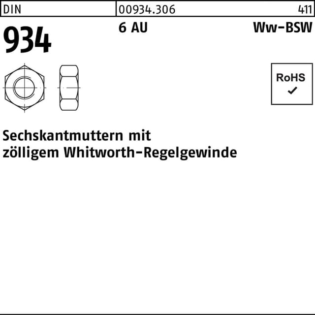 Sechskantmuttern, DIN 934 Stahl 6AU blank WW 3/4