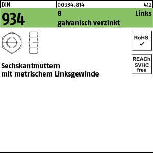Sechskantmuttern, DIN 934 Stahl 8 galv.verz. M 6-LH