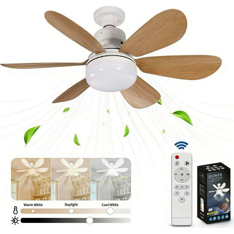 Deckenventilator Mit Fernbedienung, Led-deckenleuchte, Variabler Helligkeit, Sechs Flügeln, 3 Geschwindigkeitsstufen, 40 W, E27-sockel (braun)