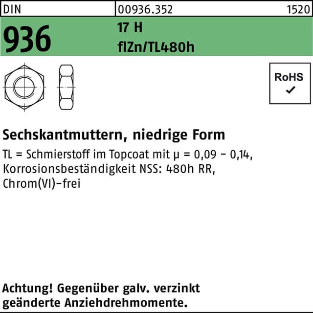 flache Sechskantmuttern, DIN 936 Stahl 17H zinklamelle. M10
