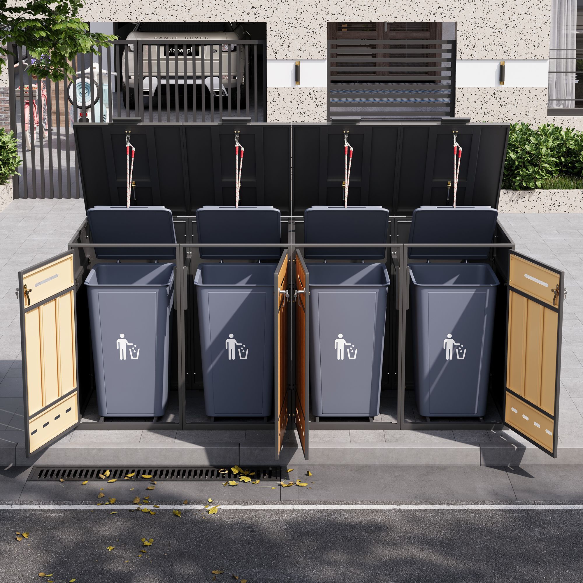 Mülltonnenbox 4er Für 4 X 120–240 L, Abschließbar, Mit Belüftungslöchern, Stauraumfächern Und 4 Türen