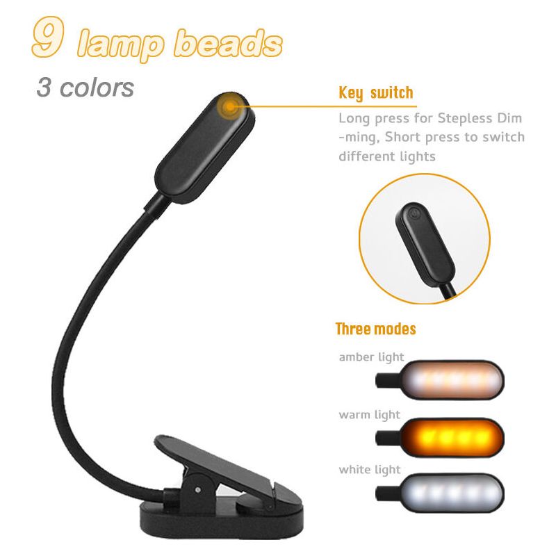 9-led-leselampe, Wiederaufladbare Klemmleuchte Mit 9 Helligkeitsstufen Und 3 Farbtemperaturen, 360° Flexibler Hals, Klemmleuchte Für Bett, Buch, Mini-nachtlicht Und Lampe