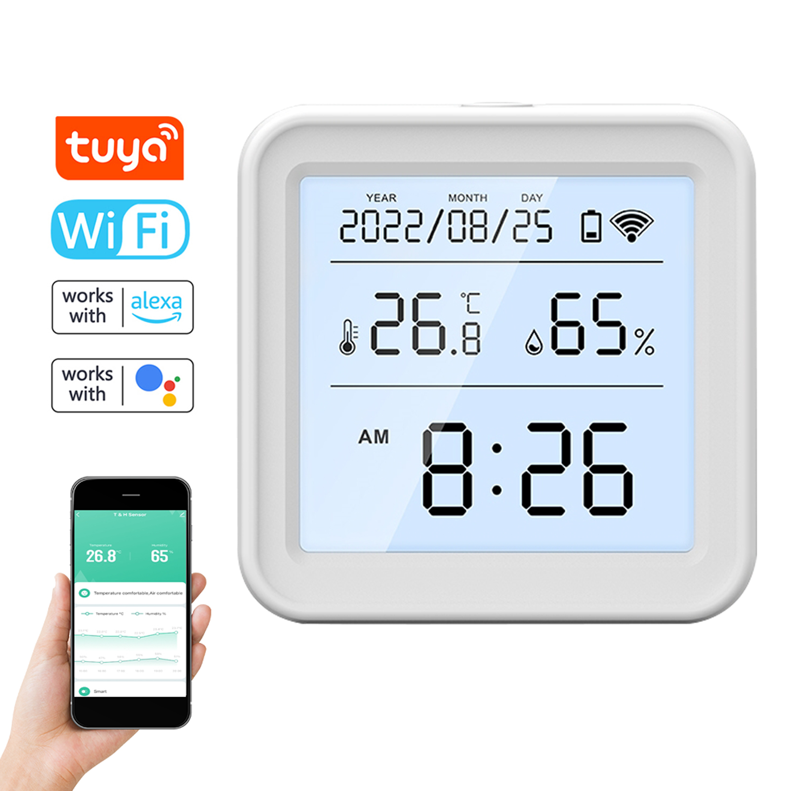 Tuya Wlan-temperatur- Und Feuchtigkeitssensoren, Hintergrundbeleuchtung, Fernüberwachung Per App, Kompatibel Mit Google Home