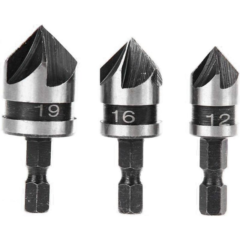 Set Mit 3 90°-fasenbohrern Für Holz Und Metall, 1/4"-sechskantschaft, Kohlenstoffstahl, Durchmesser 12/16/19 Mm