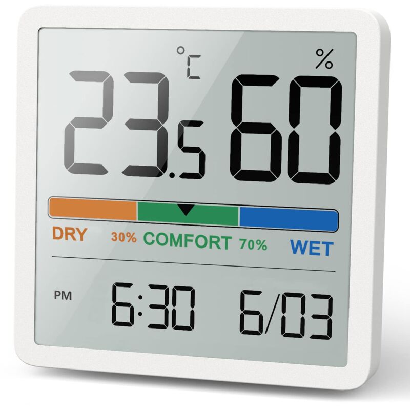 Digitales Innenthermometer Mit Uhr, Präzise Temperatur- Und Feuchtigkeitsmessung, Weiß