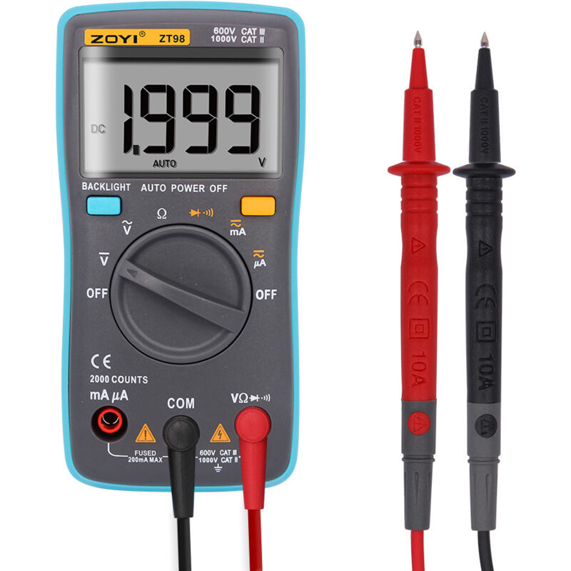 Digitales Multimeter Mit Hintergrundbeleuchtung, 2000 Messpunkten, Automatischer Bereichswahl, Spannungs-, Strom-, Widerstands- Und Diodenprüfung Sowie Durchgangsprüfung.