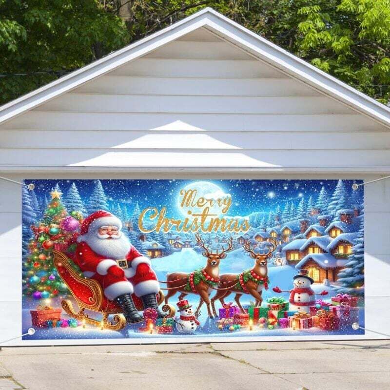 Weihnachtliche Garagentorabdeckung 400x180/240 Cm Mit Rentier- Und Weihnachtsmann-dekoration, Frohe Weihnachten, Ortviai