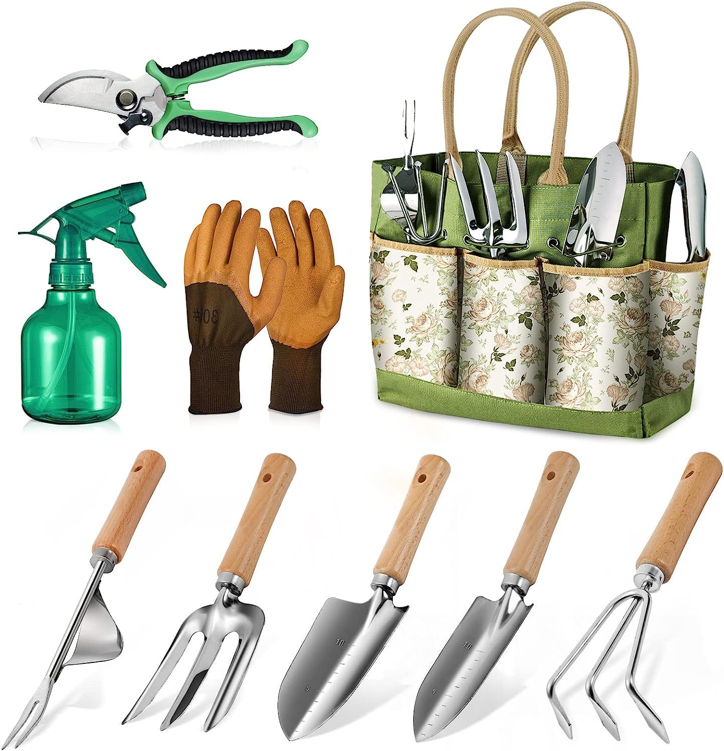 9-teiliges Gartengeräte-set Aus Edelstahl Mit Holzgriffen