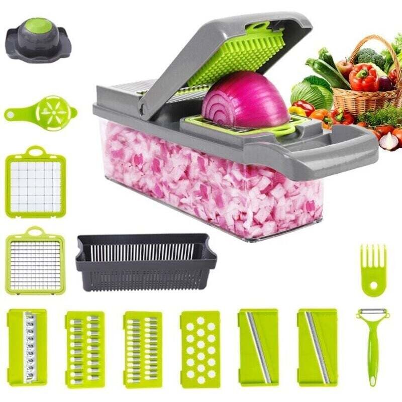 Ortviai 12-in-1 Multifunktionaler Manueller Gemüseschneider Mit 7 Verstellbaren Klingen Für Zwiebeln, Tomaten Und Karotten