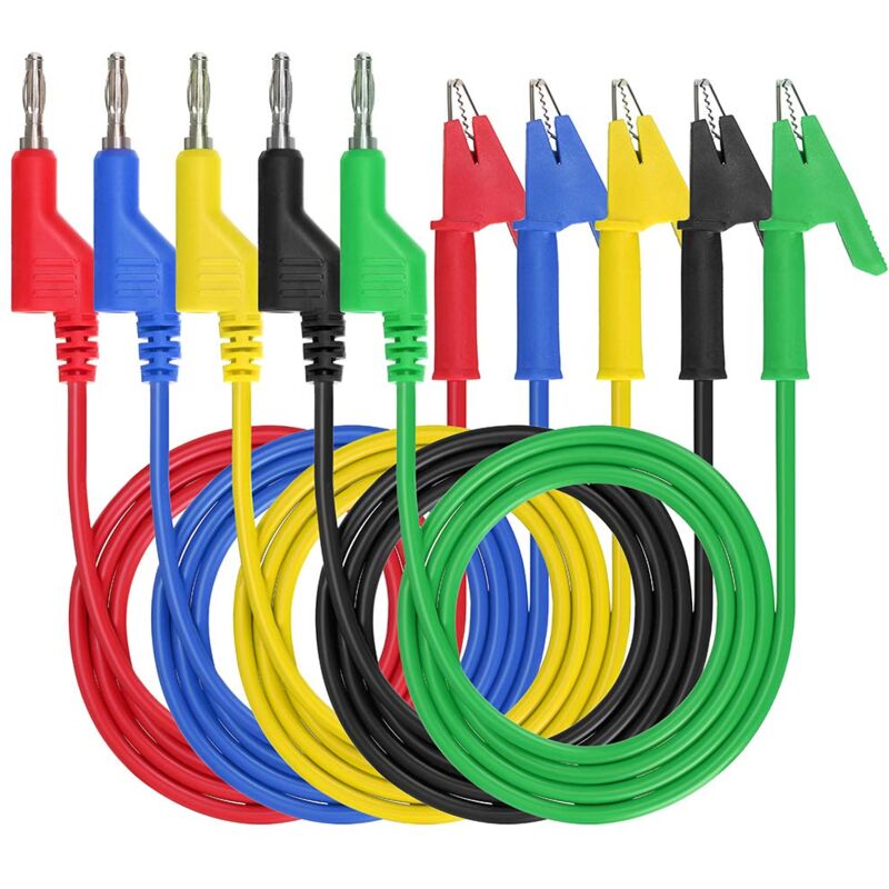 Set Mit 5 Testkabeln, 1 M, Krokodilklemmen, Bananensteckern, Farbigem Silikon