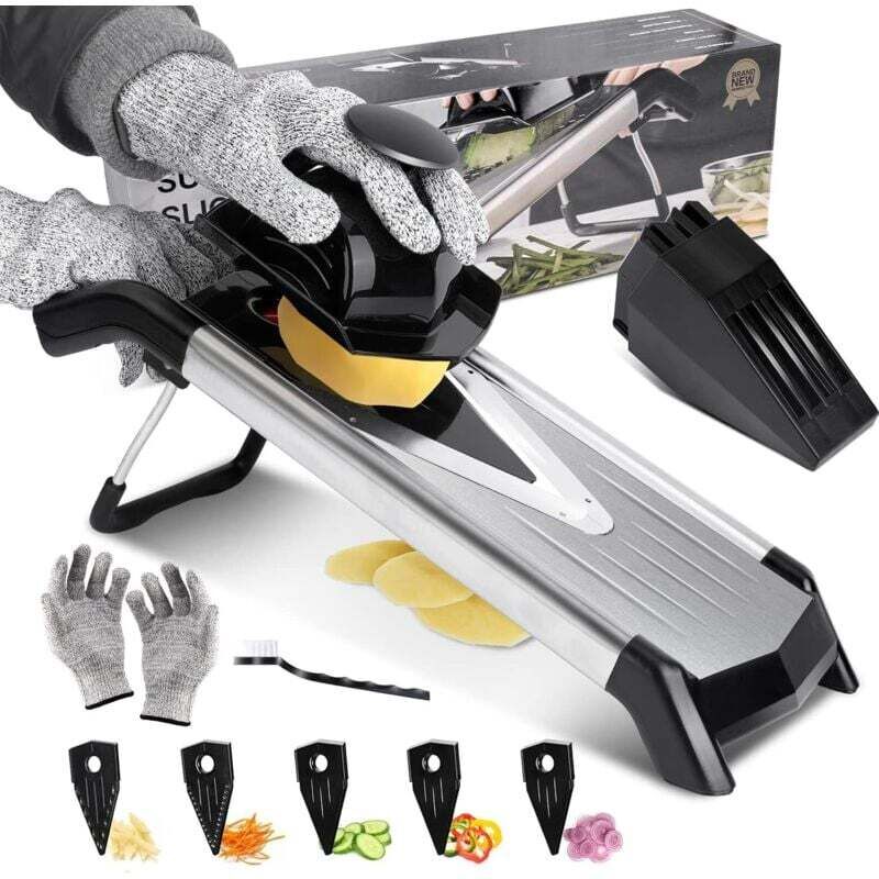 Verstellbarer Mandolinenhobel Aus Edelstahl Zum Schneiden Von Scheiben Und Julienne – Inklusive Geschärfter Klingen, Bürste Und Handschuhen (ortviai)