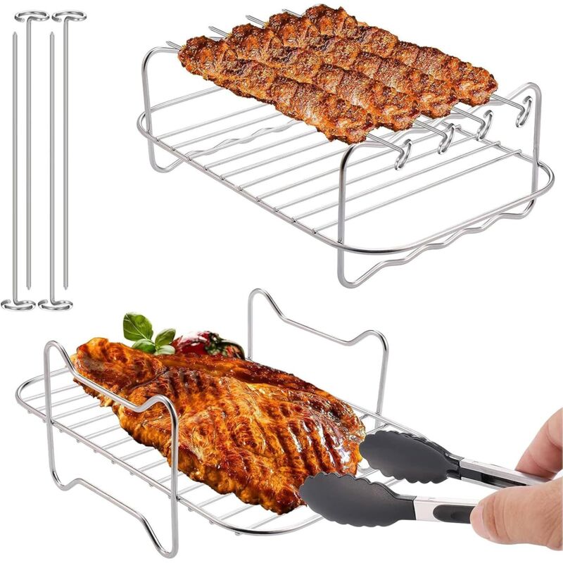 Multifunktionaler Edelstahl-heißluftfritteusenrost, 2-teilig, Doppelstöckig Mit Spießen