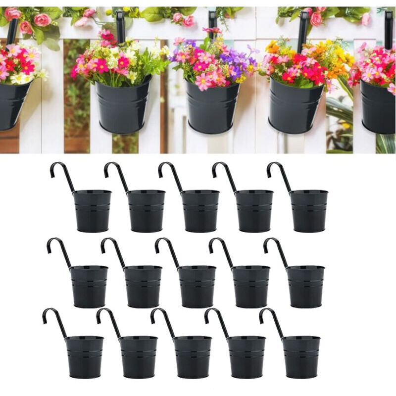 Set Mit 15 Hängenden Metallpflanzgefäßen Für Zäune Und Balkone, Abnehmbare Haken, Schwarz