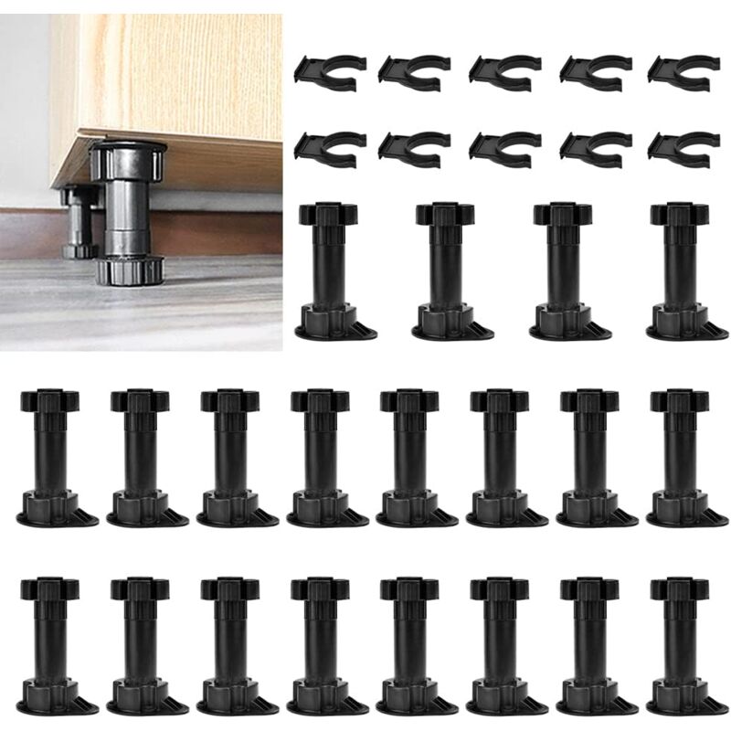 Set Mit 20 Verstellbaren Schwarzen Kunststoff-möbelfüßen 100-120 Mm Mit Sockelclips