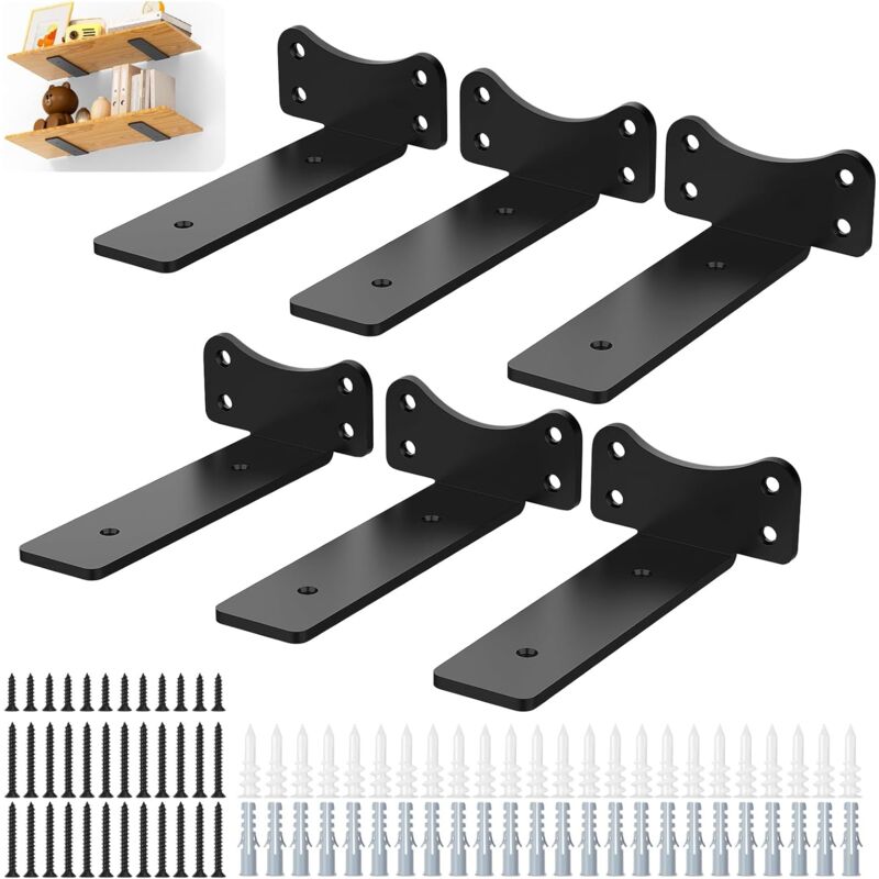 Set Mit 6 Schwarzen Industrie-wandregalen, 90-grad-winkelhalterungen, Tragkraft 70 Kg