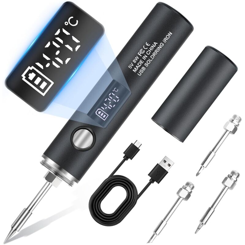 Wiederaufladbarer Usb-lötkolben Mit Lcd-bildschirm, 5 Einstellbaren Temperaturen (260–450 °c) Und Schwarzlichtmodus