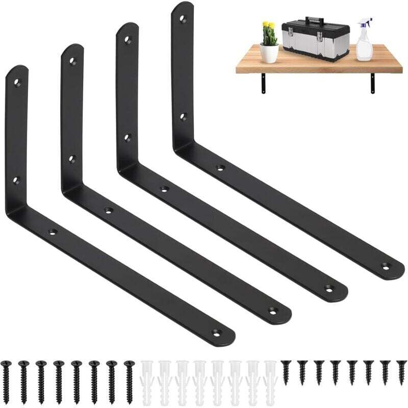 Set Mit 4 Schwarzen L-förmigen Wandhalterungen Für Schwebende Regale – 25 X 14,6 Cm Ortviai