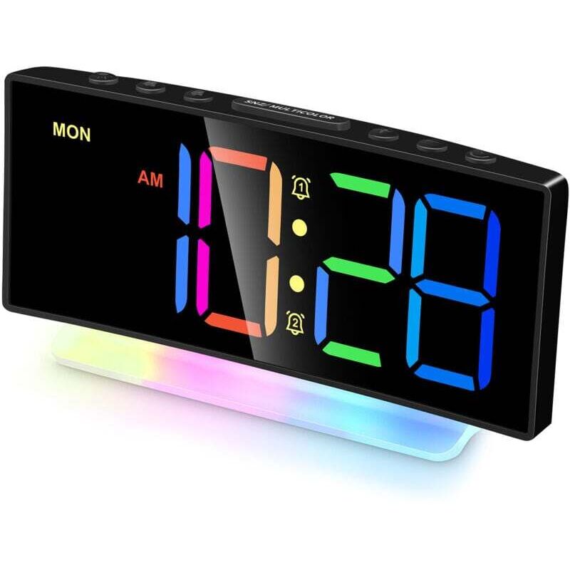 Ortviai Digitaler Wecker Mit Gebogener Led-beleuchtung, Rgb-beleuchtung, Doppelalarm Und Einstellbarer Helligkeit (netzteil Im Lieferumfang Enthalten)