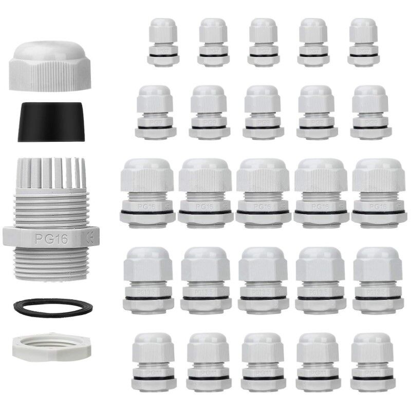 Packung Mit 25 Verstellbaren, Wasserdichten Kabelverschraubungen Pg7 Bis Pg16 Für Kabel, Weiß
