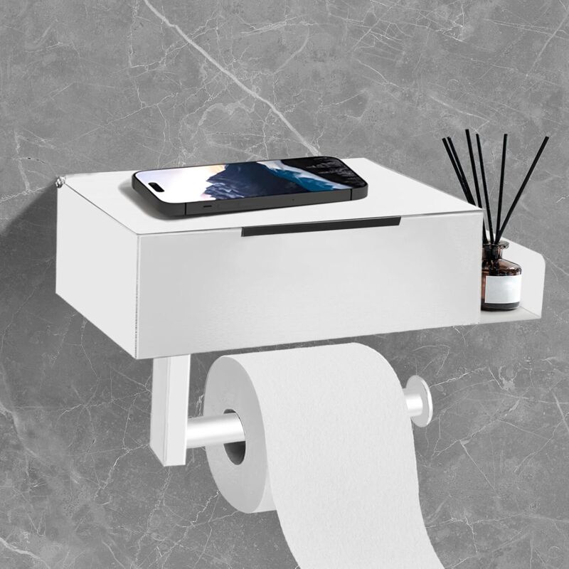 Wandmontierter Toilettenpapierhalter, Kein Bohren Erforderlich, Weiß Mit Ablage