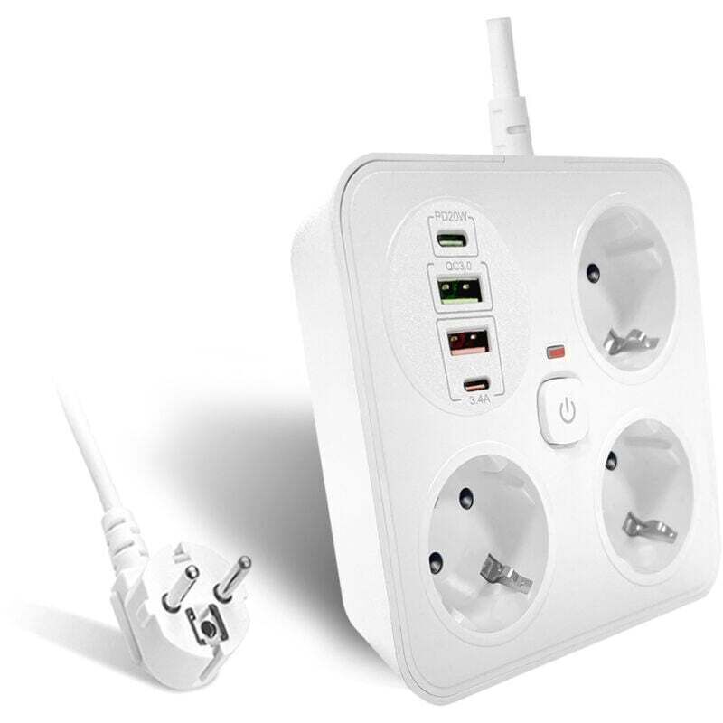 3-fach Steckdosenleiste Mit 2 Usb-a-anschlüssen Und 2 Usb-c-adapterkabeln (2 M Kabellänge), Für Homeoffice, Weiß