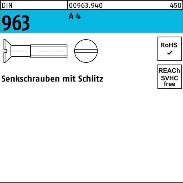Senkschraube mit Schlitz DIN 963 Edelstahl A4 M12 x 90mm KP