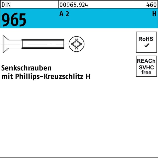 Senkschraube mit Kreuzschlitz PH DIN 965 Edelstahl A2 M3 x 20mm