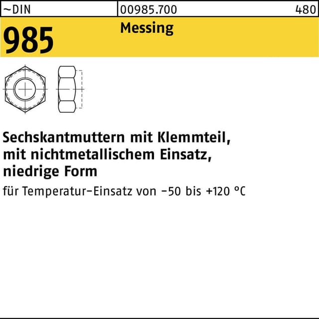 niedrige 6kt.-Mutter nichtmet. Klemmteil, DIN 985 Messing blank M10