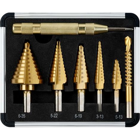 Royaluxe – Stufenbohrer-set, 5-teilig (5–13 Mm, 3–13 Mm, 6–19 Mm, 5–22 Mm, 6–35 Mm), 1 Automatischer Körner + 1 Spiralbohrer, Titanbeschichteter Hss-doppelschlitz-kegelbohrer Mit Koffer