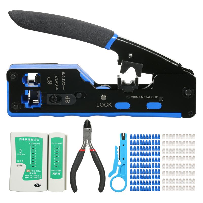 All-in-one Rj45 Crimpwerkzeug-set, Cat5e-, Cat6- Und Cat6a-durchführungsstecker, 100 Stecker, 100 Kappen, Netzwerk-crimpwerkzeug, Testklingen