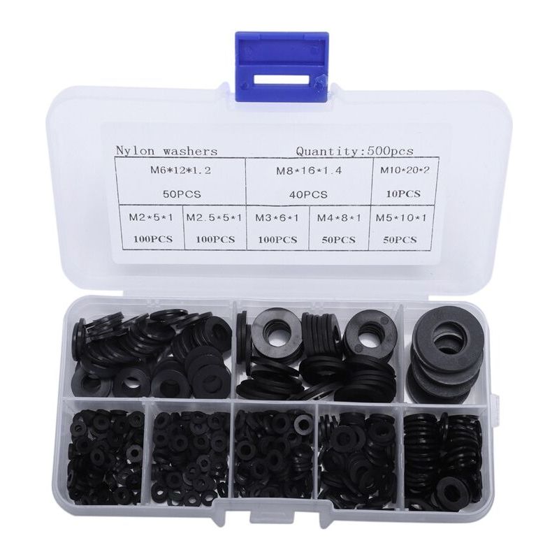 500 Stück Schwarze Flachscheiben, Nylon-dichtungssatz, Runde Dichtungsscheiben, Dichtungsring-sortiment, Gummitüllen-sortiment (m2, M2,5, M4, M5, M6, M8, M10) Für