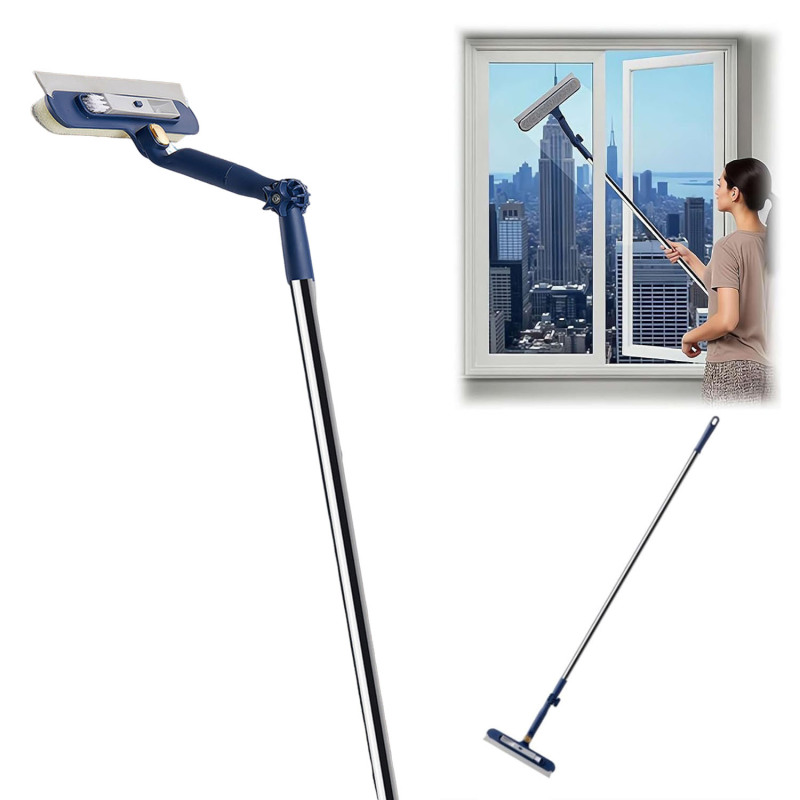 2-in-1 Teleskop-fensterreiniger – Schwenkkopf Für Schwer Zugängliche Ecken – 120 Cm Ergonomischer Griff – Mikrofaserbürste Und Gummiabzieher