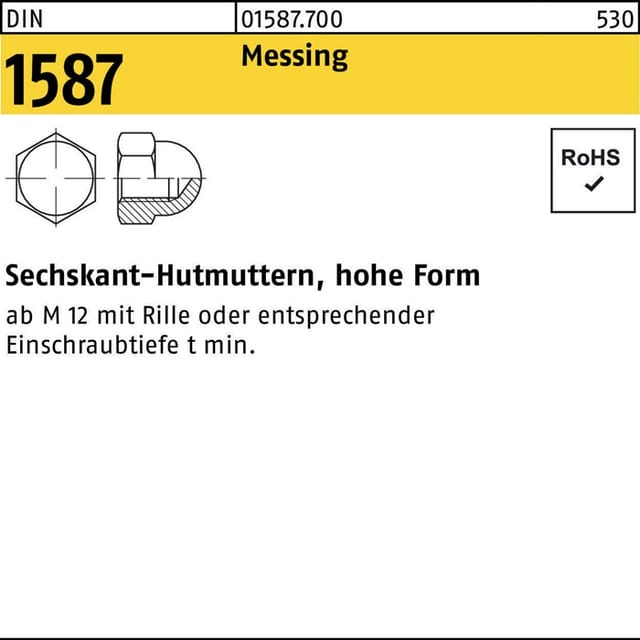Sechskant-Hutmuttern, hohe Form, DIN 1587 Messing blank M 6