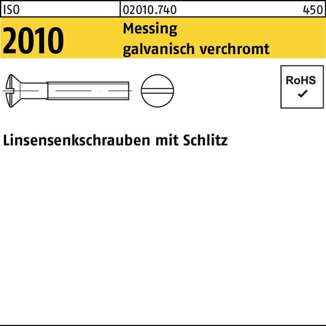 Linsensenkschraube mit Schlitz ISO 2010 Messing galv.verchr. M 6x 40 KP