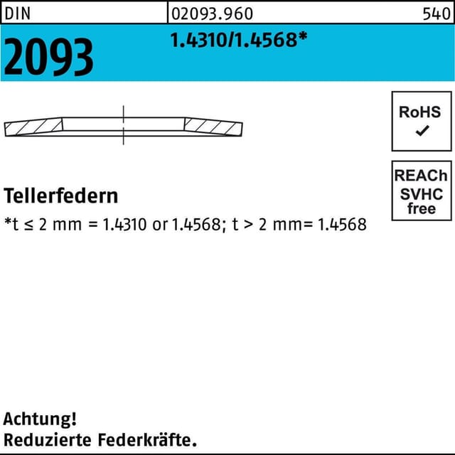 Tellerfedern, DIN 2093 1.4310/1.4568 28 x 14,2 x 1mm