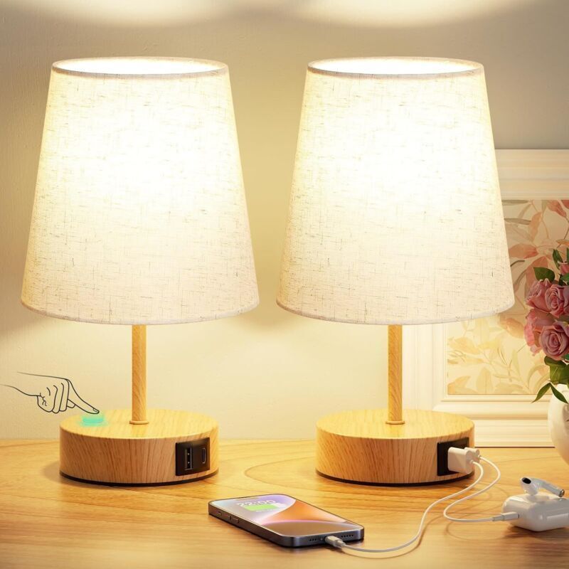 2er-set Berührungsempfindliche Nachttischlampen Mit Usb-c- Und Usb-a-ladeanschlüssen, 3-fach Dimmbar, Lampenschirm Aus Leinen, Kleine Tischlampe Für Schlafzimmer, Wohnzimmer, Kinderzimmer, Büro (leuch