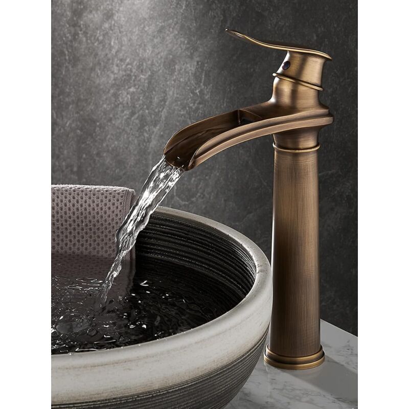 Fro Schwarze Wasserfall-waschtischarmatur, Hohe Aufsatz-waschtischarmatur, Wasserfall-mischbatterie, Hohe Waschtischarmatur, Messing (retro-hoch)