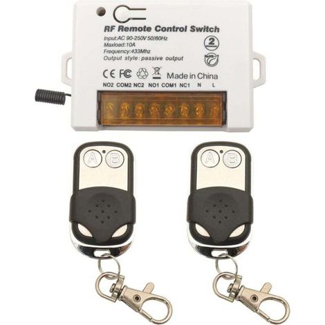 Commutateur De Télécommande De Relais Sans Fil 2 Canaux 433mhz Rf Ac 220v 230v 10a Récepteur De Relais Avec 2 Porte-clés Émetteurs, Grosse Borne De Câblage Câblage Facile