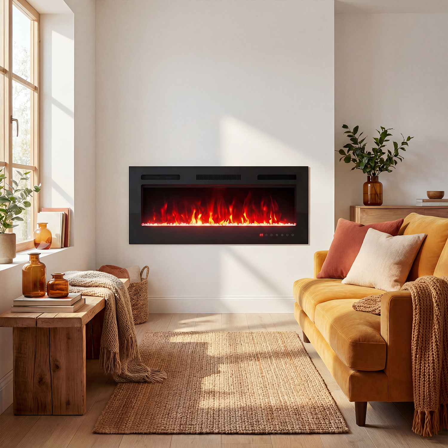 Elektrokamin 42 Zoll Schwarz, 12 Farben Flamme, Kristallsteine