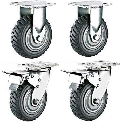 Lot De 4 Roulettes Pivotantes Pour Charges Lourdes - 150 Mm - Avec Frein Rotatif À 360 ° - En Caoutchouc Plein - Pneumatiques - Charge 900 Kg - (2 Roulettes Fixes + 2 Roulettes De Freinage)