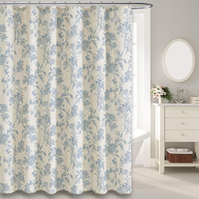Duschvorhang – Baumwoll-leinen-mischgewebe – Blaues Blumenmuster – 183 X 183 Cm – Fürs Badezimmer