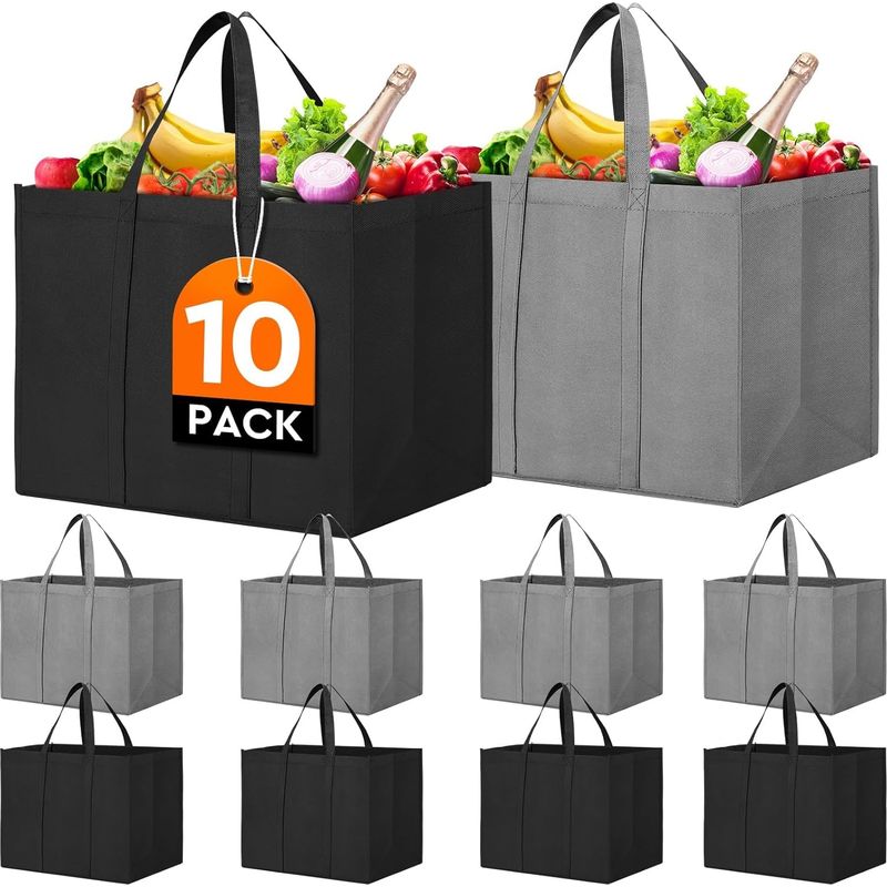 Wiederverwendbare Tasche – Große, Faltbare Einkaufstasche – Für Lebensmittel, Kleidung, Gemüse – Tragkraft: 22,7 Kg – 10er-pack – Grau Und Schwarz