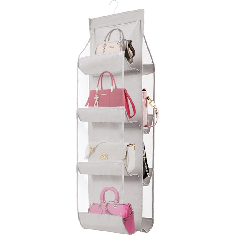 Handtaschen-organizer – 8 Transparente Fächer – Material: Polyester Und Pvc – Für Kleiderschrank Und Garderobe – 44,5 Cm (l) X 13,5 Cm (b) – Hellgrau – 1 Stück
