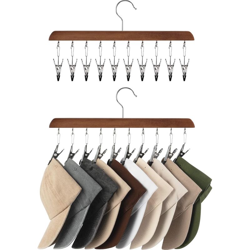 Kappenhalter – Aufbewahrungsmöglichkeit Für Kappen Mit 10 Verstellbaren Edelstahlclips – Für Schrank Oder Wand – 2er-set – Naturwalnuss