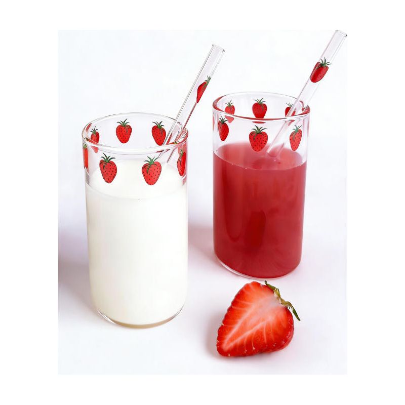 Strohhalmglas – Gehärtetes Glas Mit Erdbeermuster – 300 Ml – Für Wasser, Kaffee, Tee, Saft – 2er-set